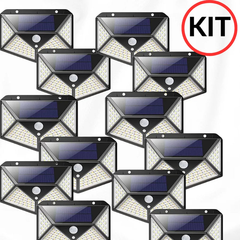 KIT 12 Luminária Solar Parede 100 Led Sensor Recarregável Presença Com 3 Funções