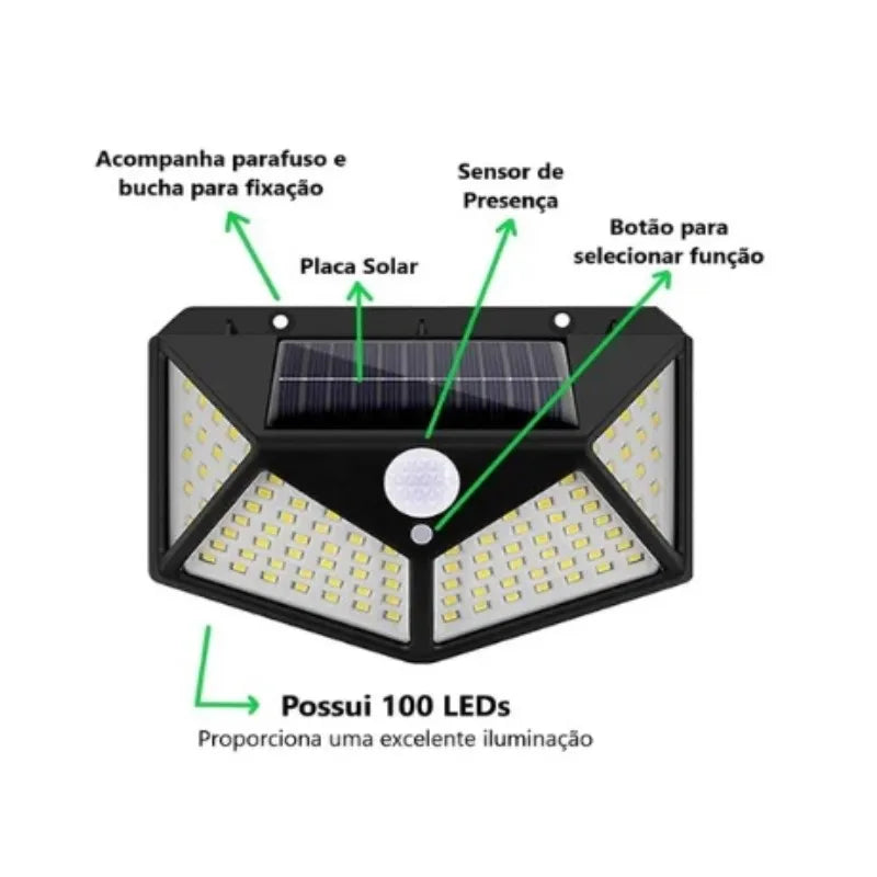 KIT 12 Luminária Solar Parede 100 Led Sensor Recarregável Presença Com 3 Funções