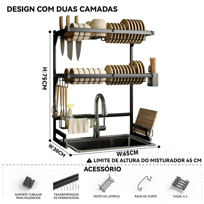 Escorredor de Louça Preto - Aço Inoxidável 65cm Organizador Louça