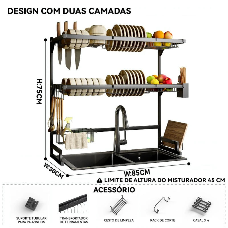 Escorredor de Louça Preto - Aço Inoxidável 65cm Organizador Louça