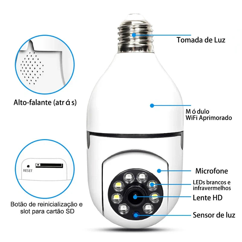 Camera Lâmpada Wifi Ip Segurança Panorâmica Giratória 360 1080P com Visão Noturna